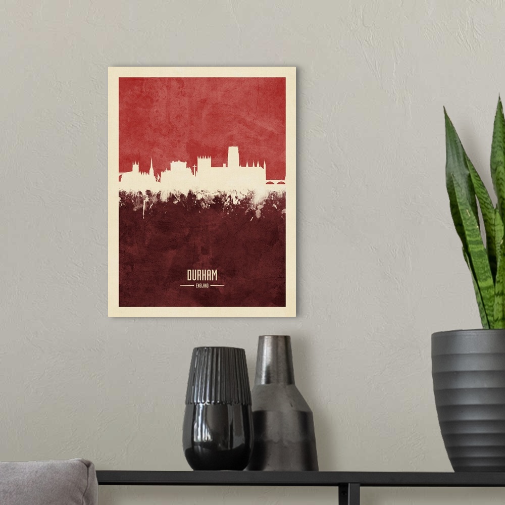 A modern room featuring Watercolor art print of the skyline of Durham, England, United Kingdom
