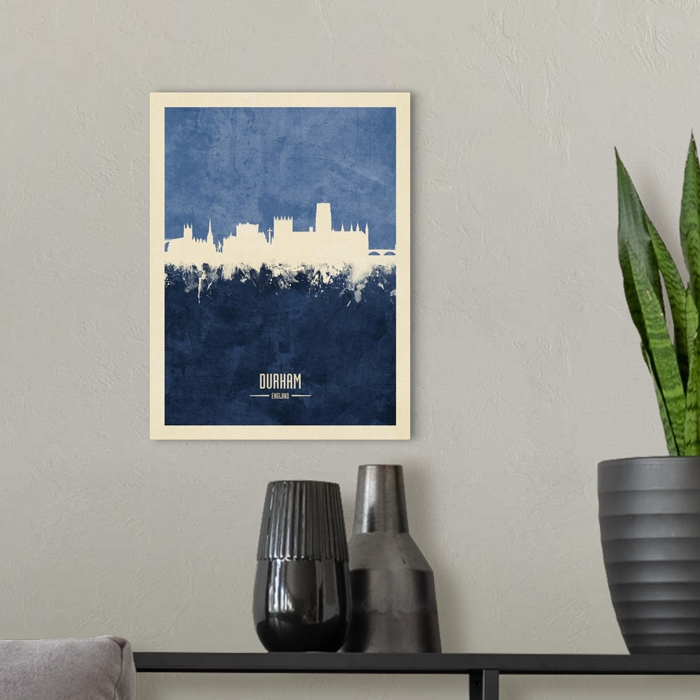 A modern room featuring Watercolor art print of the skyline of Durham, England, United Kingdom