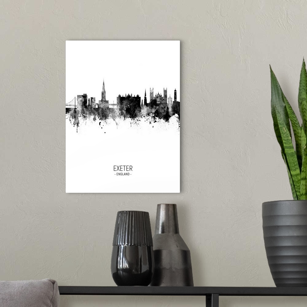 A modern room featuring Watercolor art print of the skyline of Exeter, England, United Kingdom
