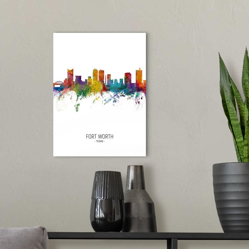 A modern room featuring Watercolor art print of the skyline of Fort Worth, Texas, United States