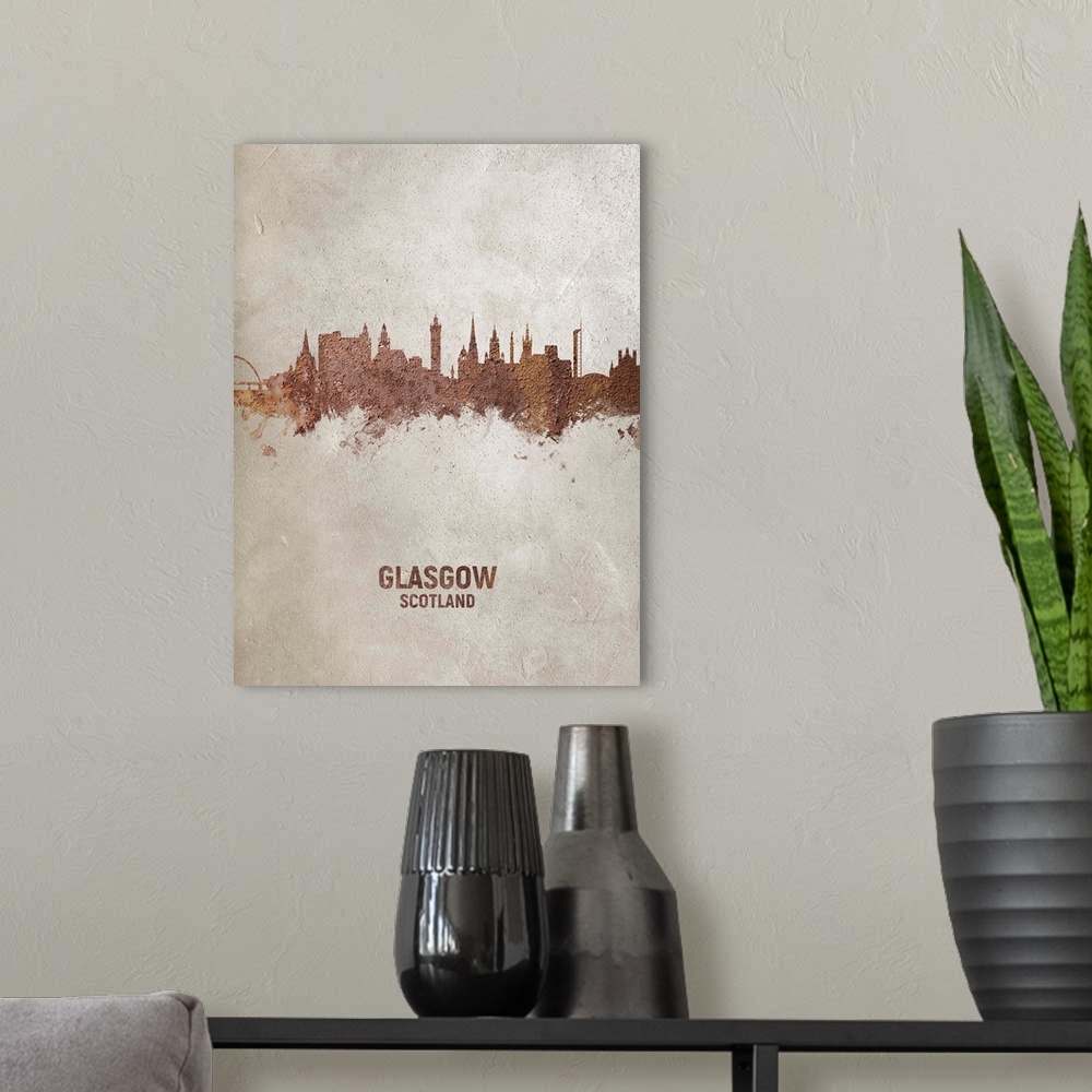 A modern room featuring Art print of the skyline of Glasgow, Scotland, United Kingdom. Rust and concrete.