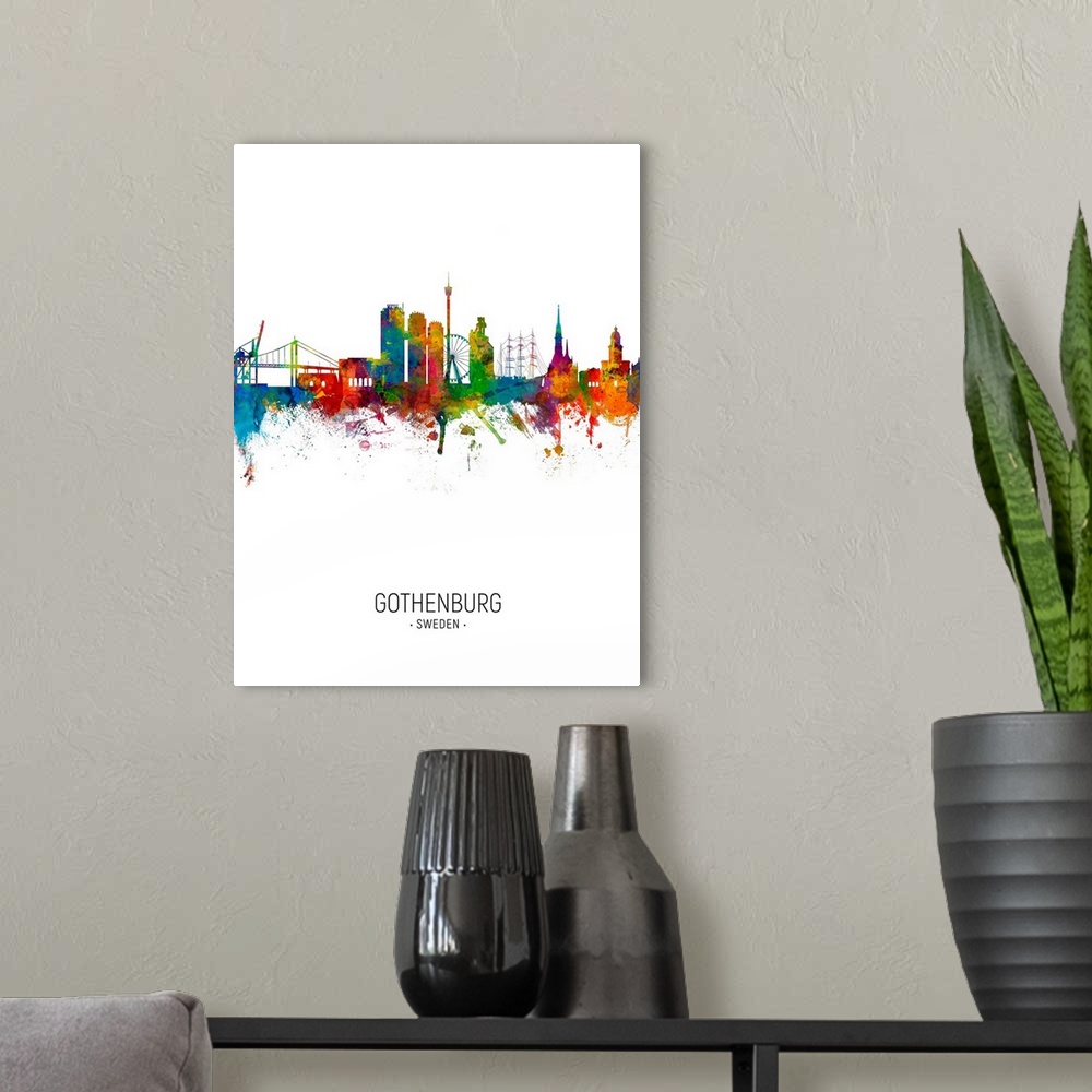 A modern room featuring Watercolor art print of the skyline of Gothenburg, Sweden (Sverige)