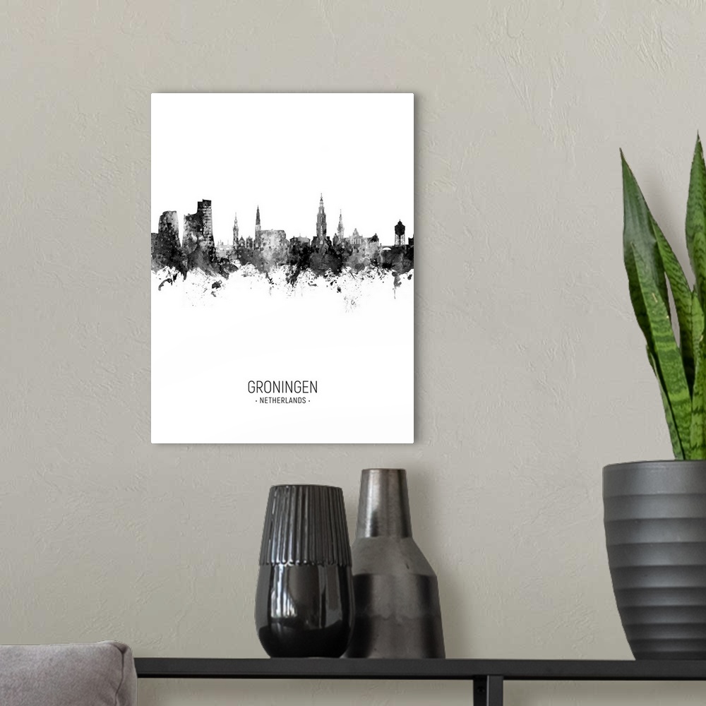 A modern room featuring Watercolor art print of the skyline of Groningen, The Netherlands