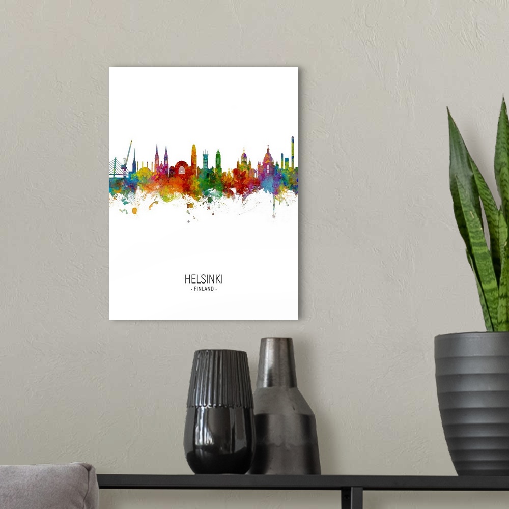 A modern room featuring Watercolor art print of the skyline of Helsinki, Finland
