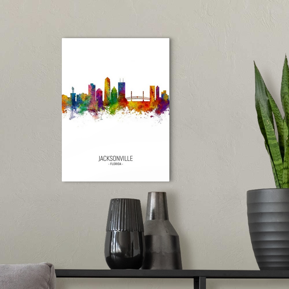 A modern room featuring Watercolor art print of the skyline of Jacksonville, Florida, United States