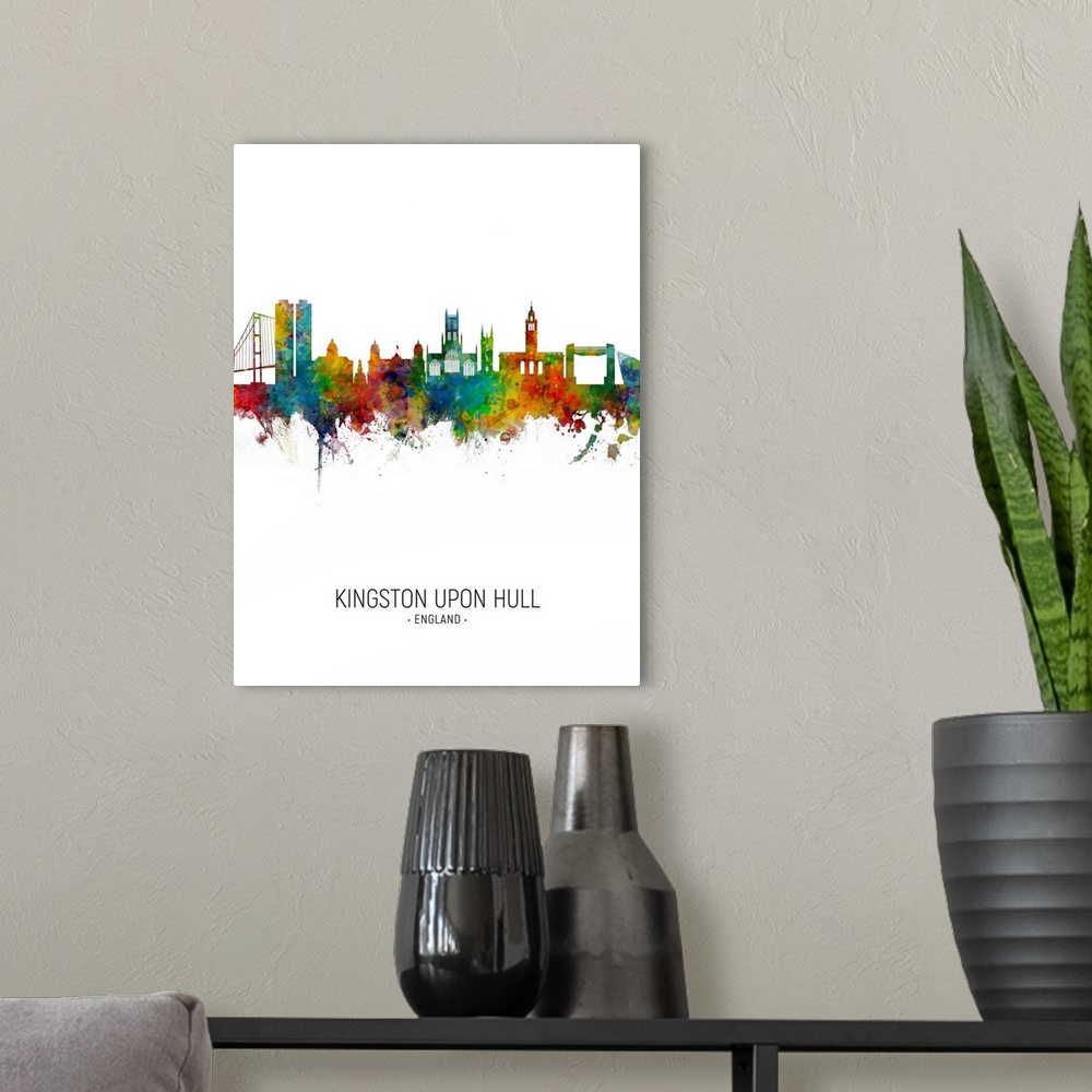A modern room featuring Watercolor art print of the skyline of Kingston upon Hull, England, United Kingdom