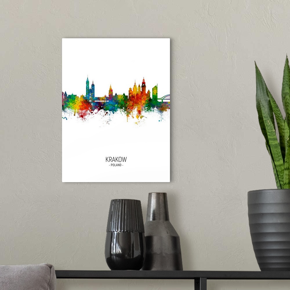 A modern room featuring Watercolor art print of the skyline of Krakow, Poland