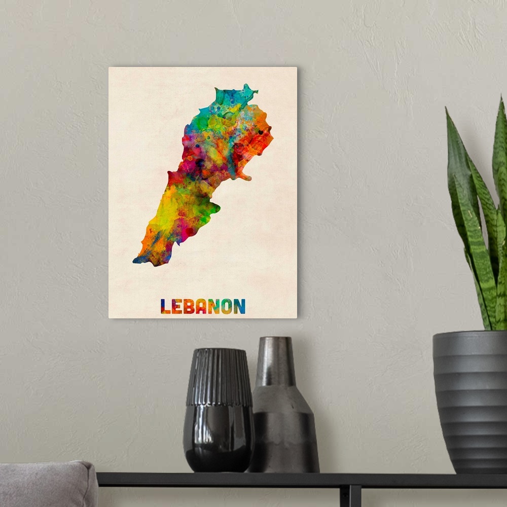 A modern room featuring A watercolor map of the Lebanon
