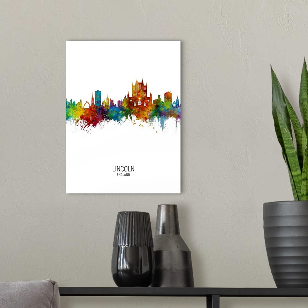 A modern room featuring Watercolor art print of the skyline of Lincoln, England, United Kingdom