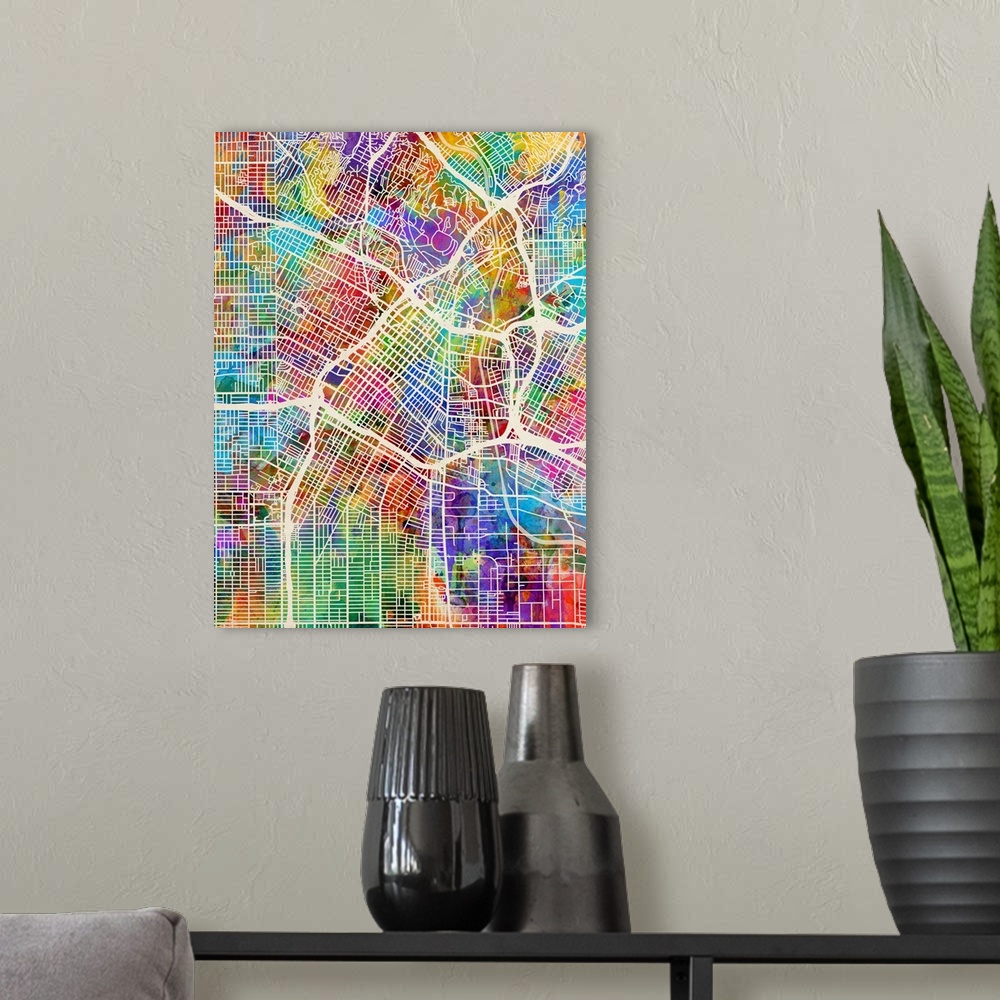 A modern room featuring A watercolor street map of Los Angeles, California, United States.