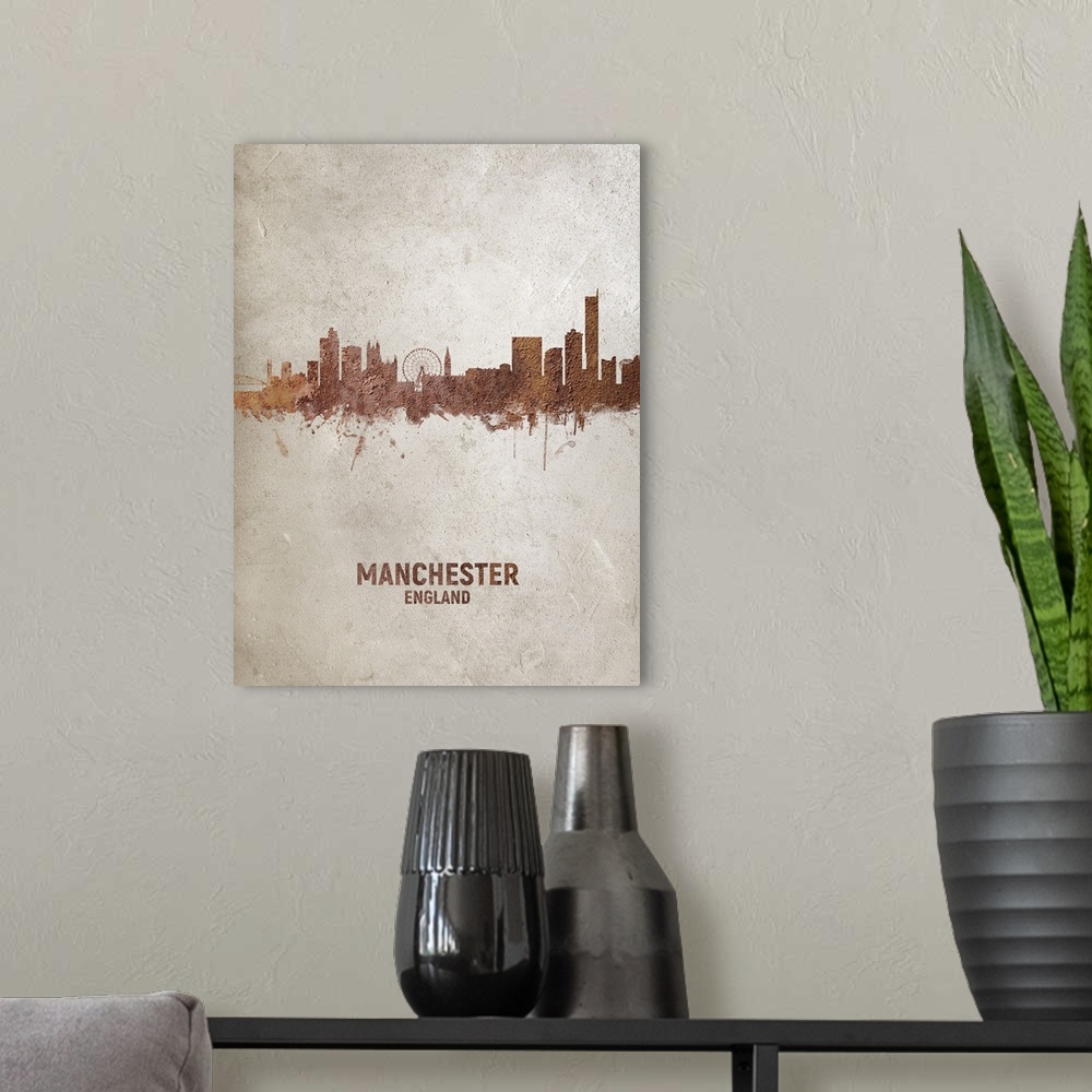A modern room featuring Art print of the skyline of Manchester, England, United Kingdom. Rust on concrete.