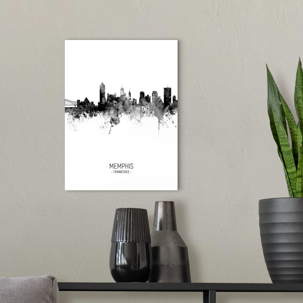 A modern room featuring Watercolor art print of the skyline of Memphis, Tennessee, United States