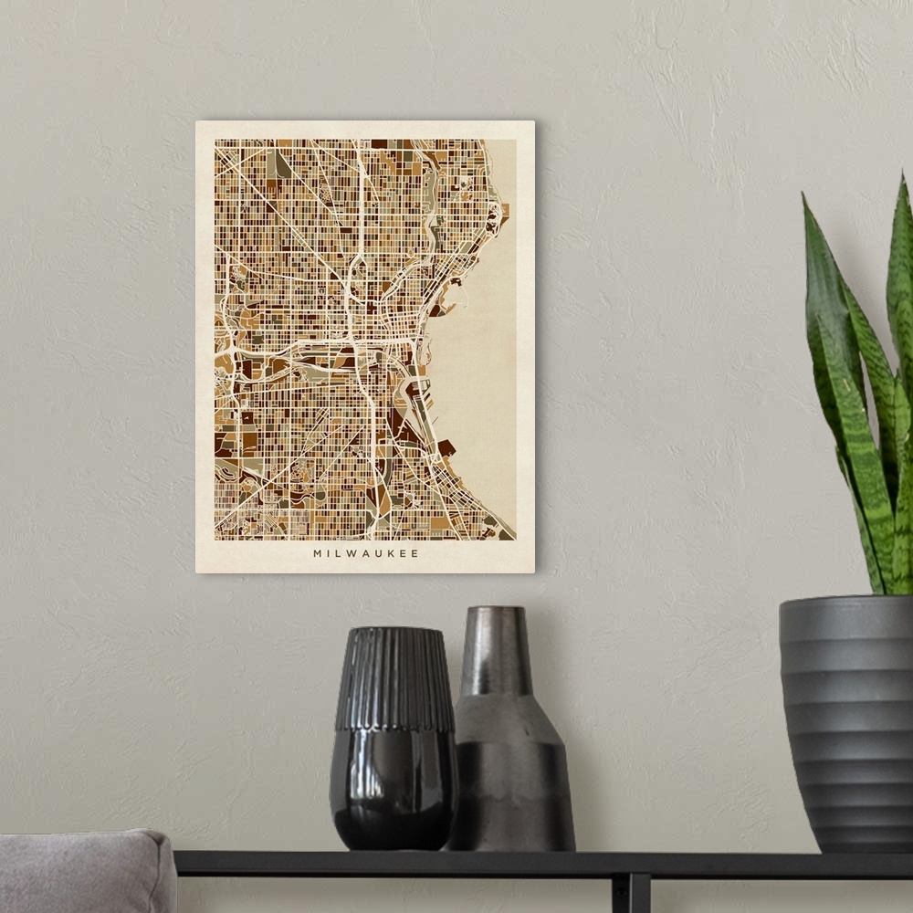 A modern room featuring City map of Milwaukee, Wisconsin, United States