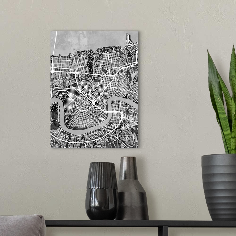 A modern room featuring Watercolor street map of New Orleans, Louisiana, United States