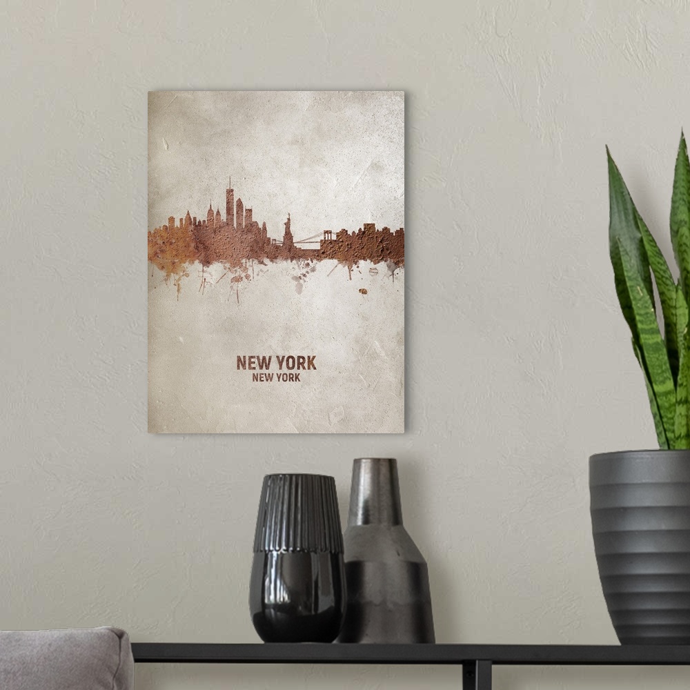 A modern room featuring Art print of the skyline of the City of New York, New York, United States. Rust on concrete.