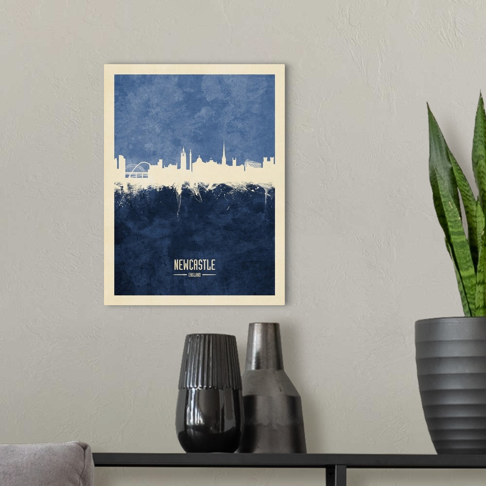 A modern room featuring Watercolor art print of the skyline of Newcastle, England, United Kingdom