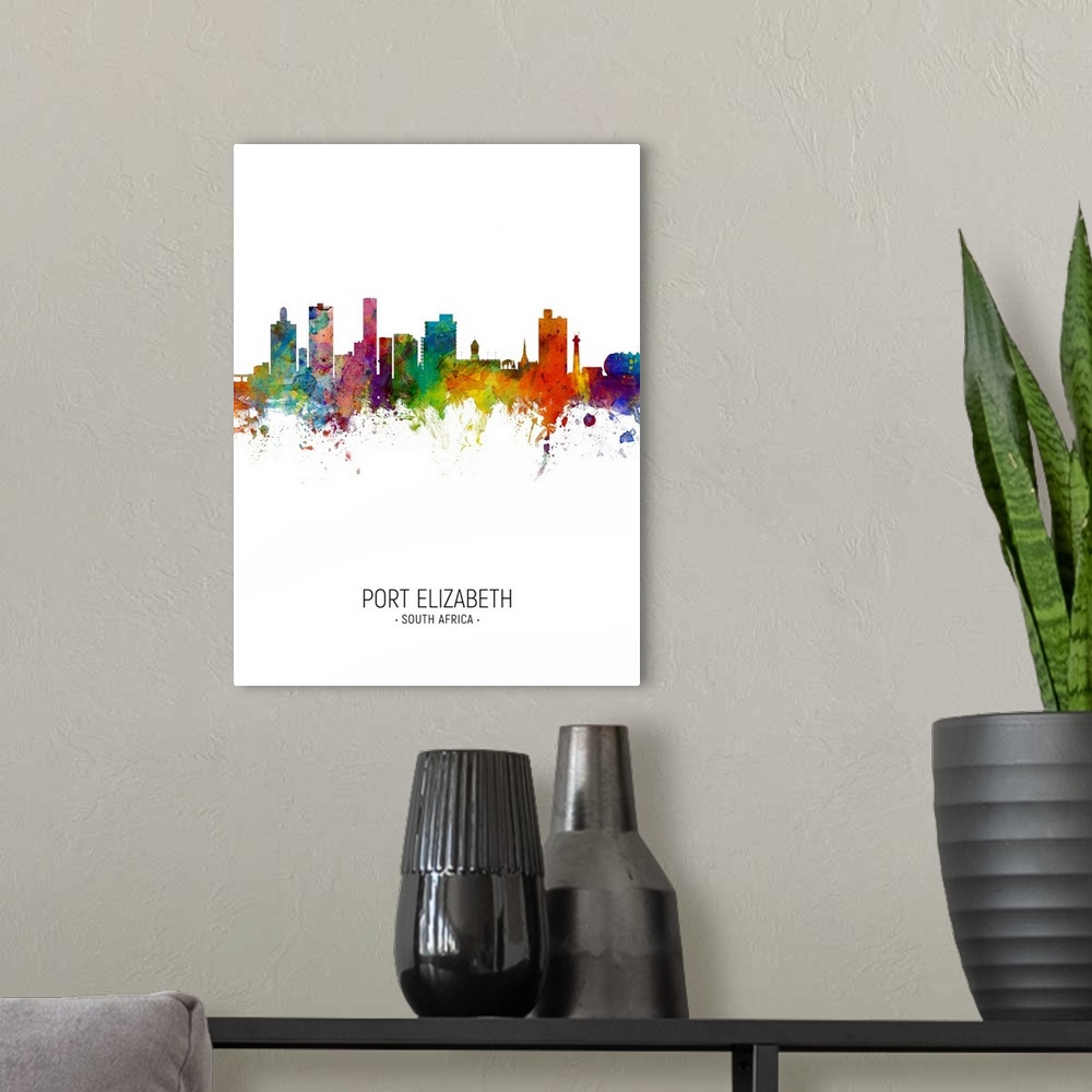 A modern room featuring Watercolor art print of the skyline of Port Elizabeth, South Africa