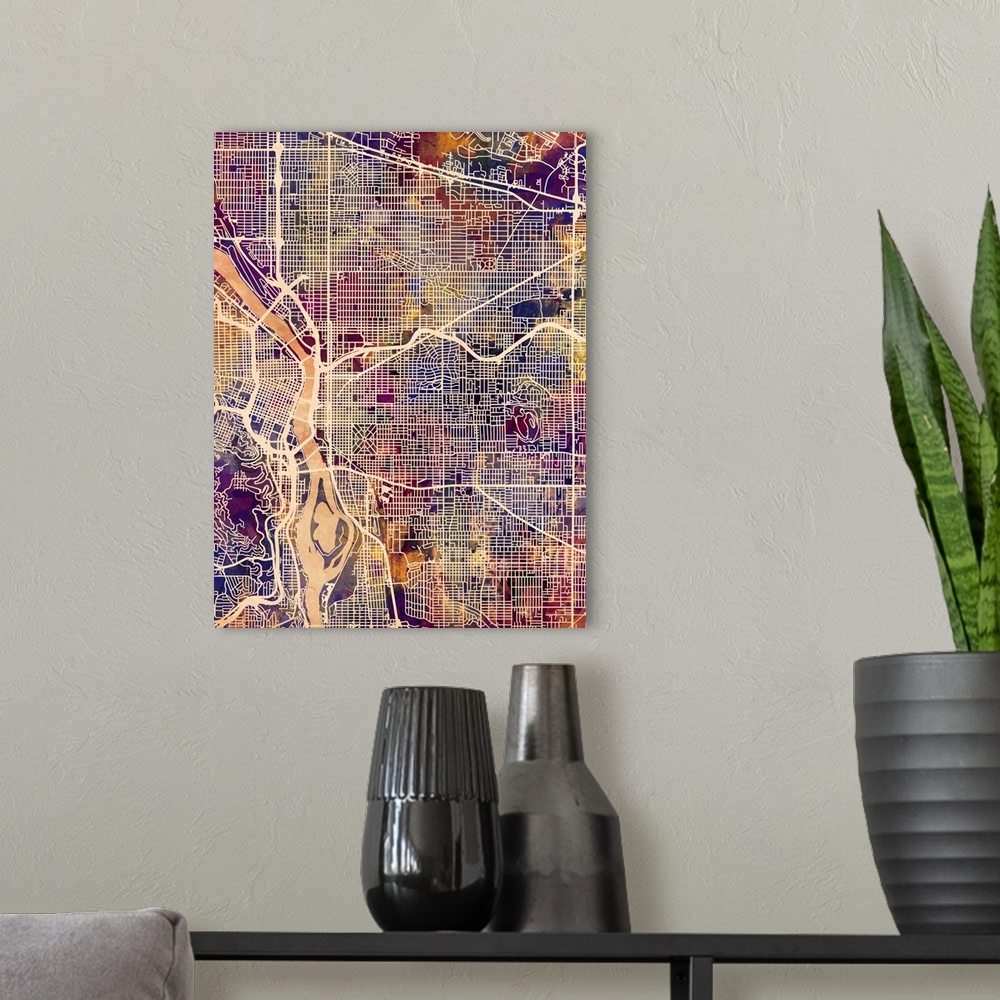 A modern room featuring Watercolor street map of Portland, Oregon, United States