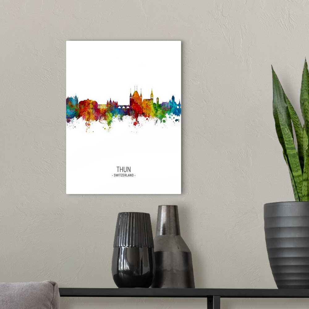 A modern room featuring Watercolor art print of the skyline of Thun, Switzerland