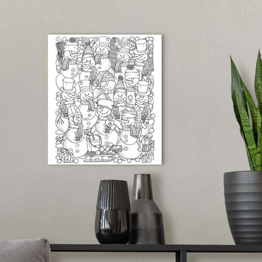 A modern room featuring Contemporary line art of a gathering of snowman all wearing different winter attire. Perfect for ...