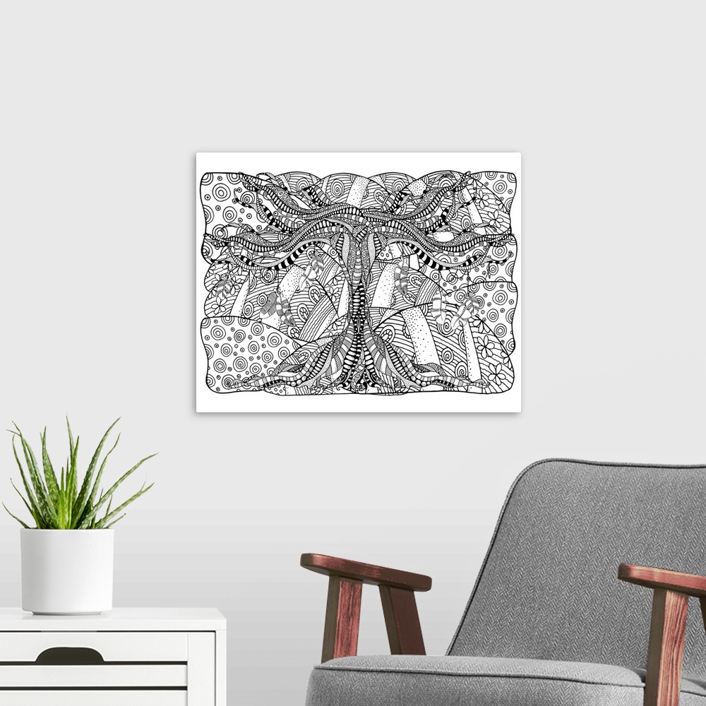 A modern room featuring Contemporary line art of a gnarled and old looking tree filled with intricate patterns against an...