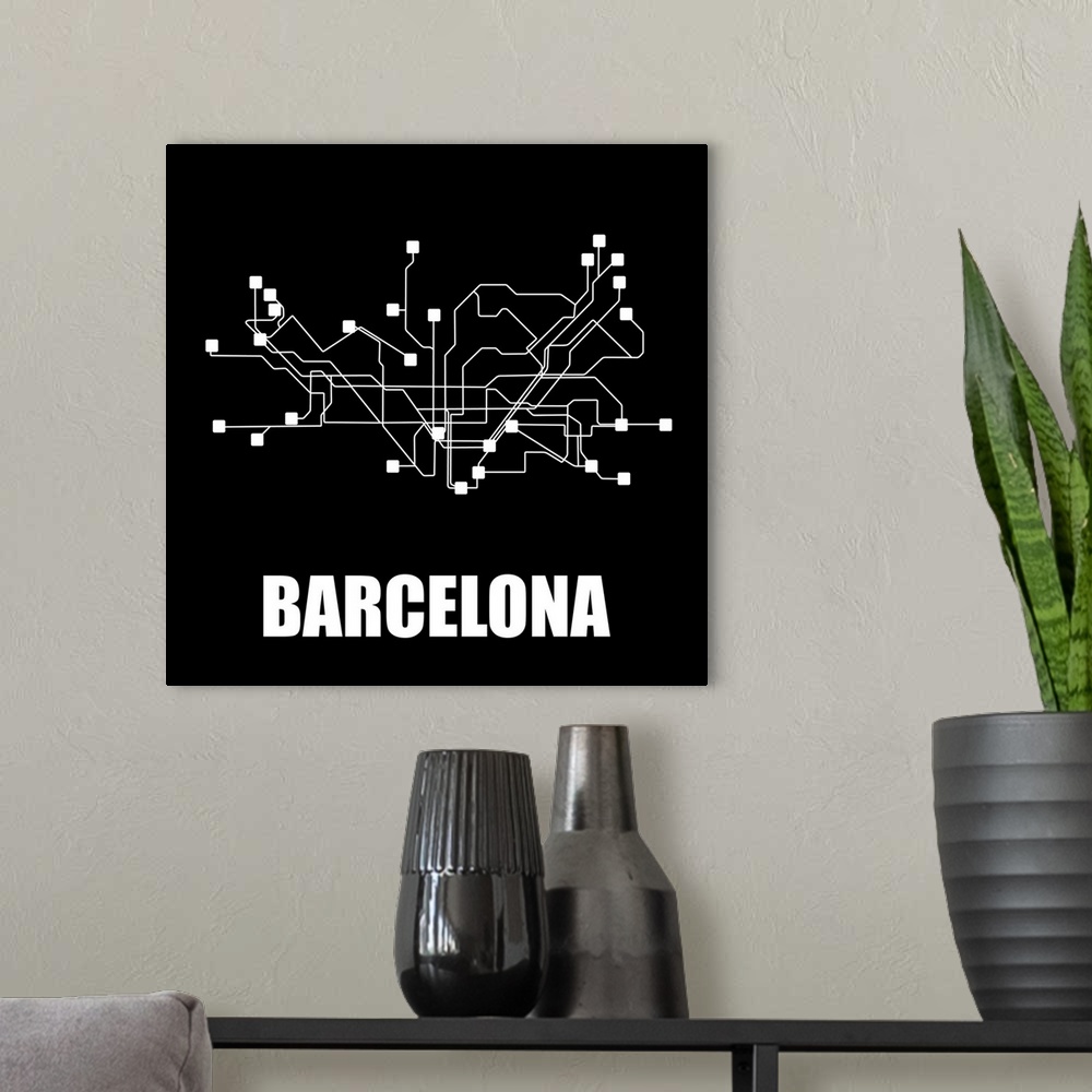 A modern room featuring Barcelona Black Subway Map