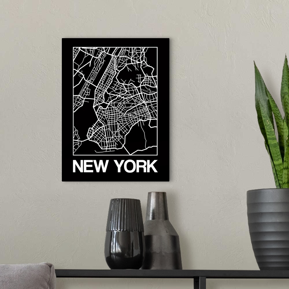 A modern room featuring Contemporary minimalist art map of the city streets of New York.