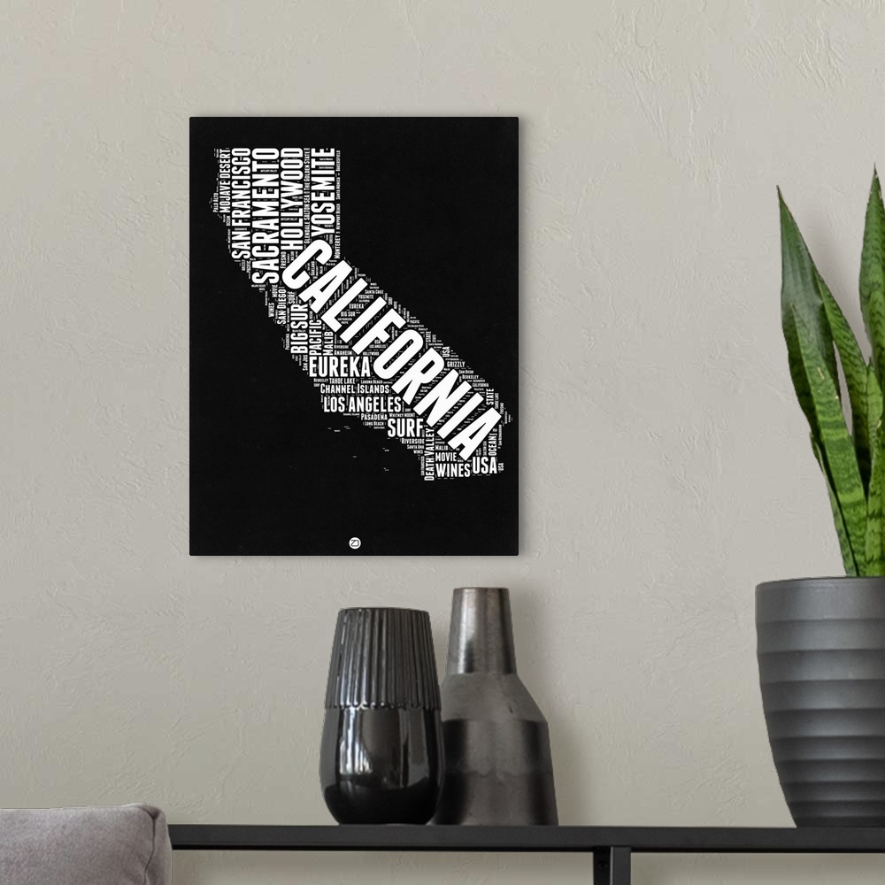 A modern room featuring Typography art map of the US state California.