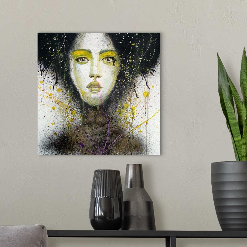 A modern room featuring Contemporary watercolor portrait of a woman with darkness all around her and yellow make-up aroun...