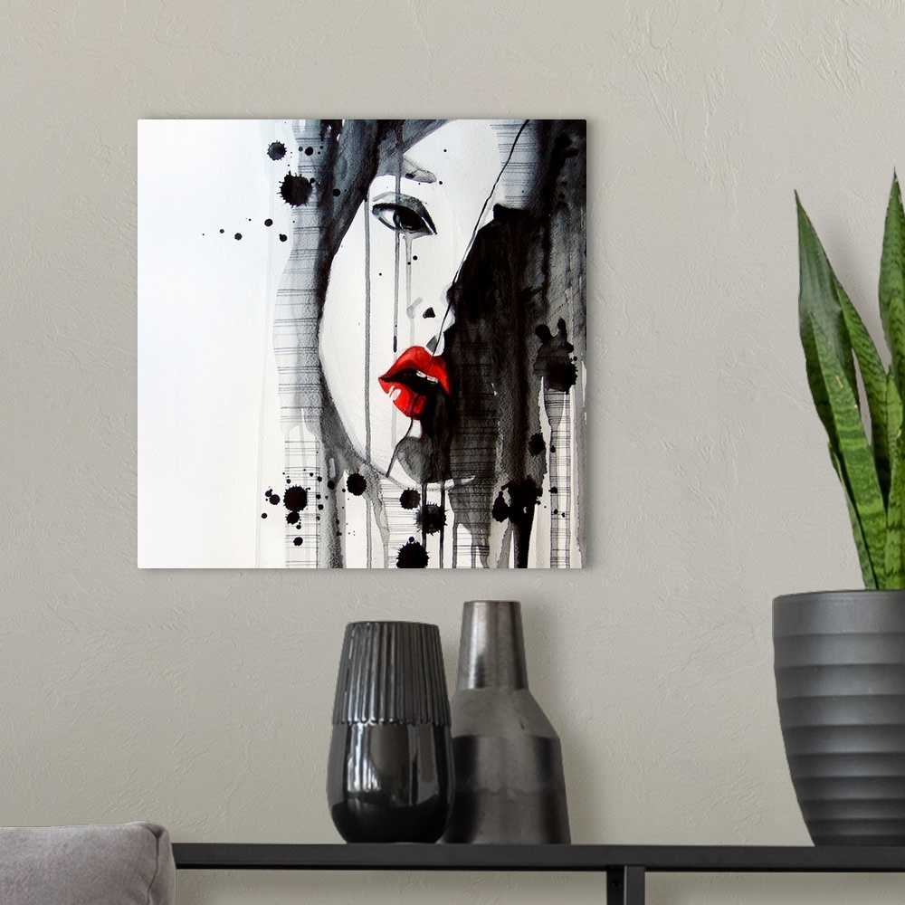 A modern room featuring Contemporary watercolor portrait of a woman wearing bright red lipstick.