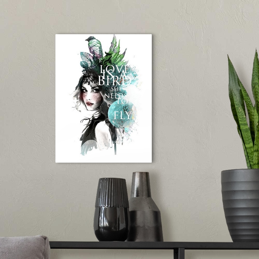 A modern room featuring Contemporary watercolor portrait of a woman in profile with feathers all around her and text.