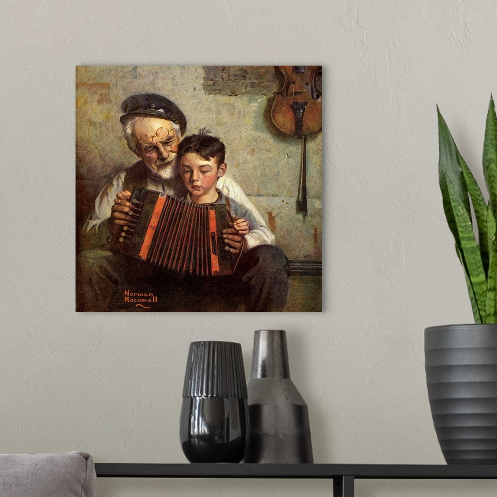 A modern room featuring Old Man and Boy Playing Concertina. Originally oil on canvas and appeared on the cover of The Lit...