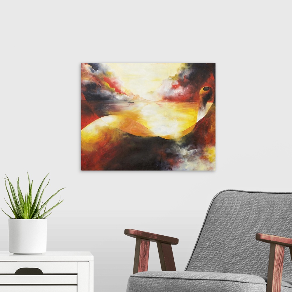 A modern room featuring A man on his boat crosses to the other side of sunset in this inspired painting by Prince Asher. ...