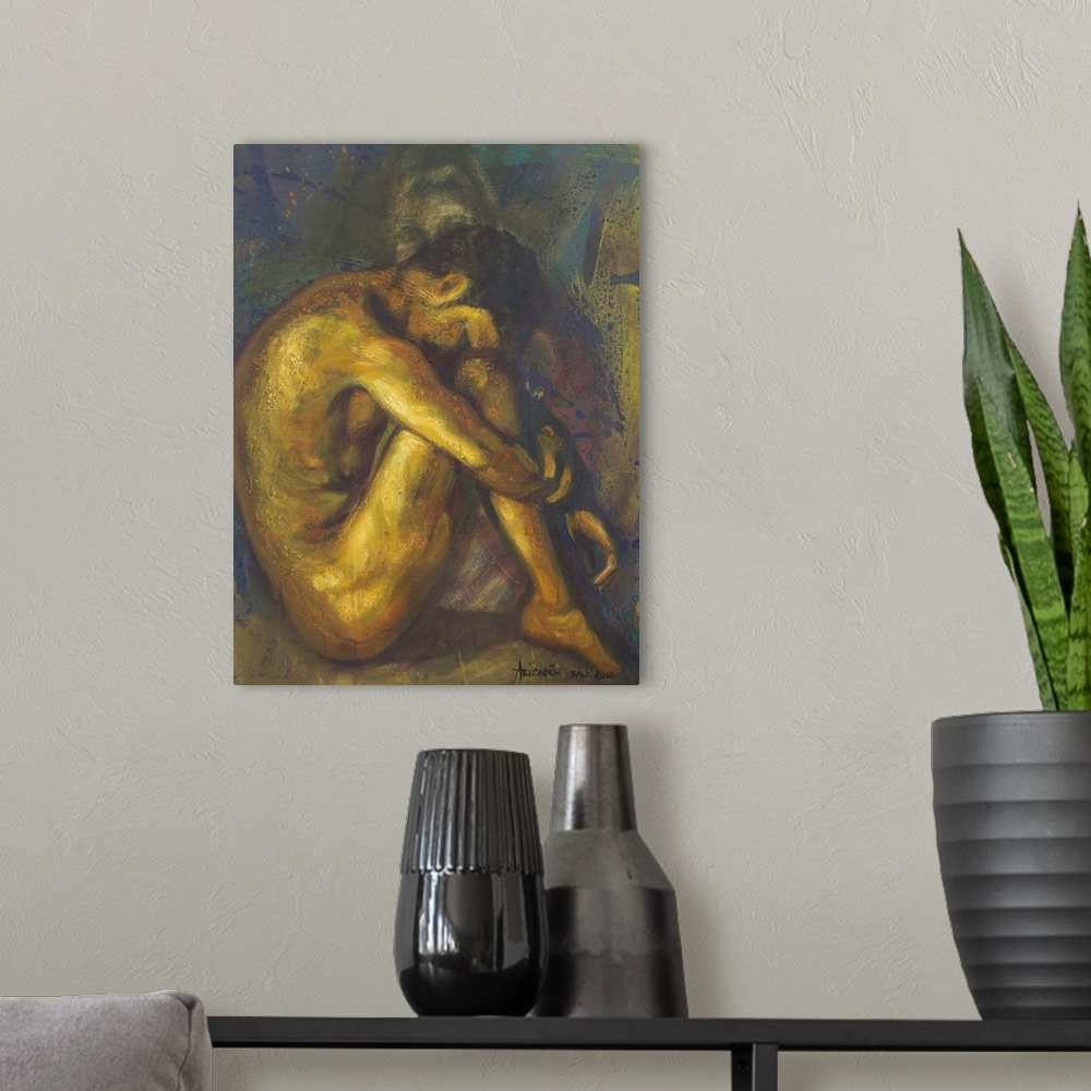 A modern room featuring Wrapped in his thoughts, a man's posture looks inward. Aricadia paints a beautiful figure study f...