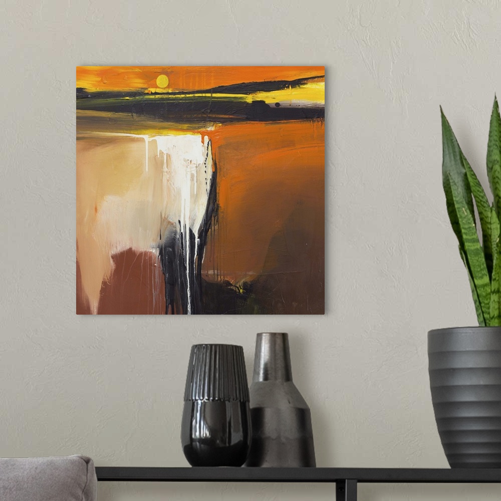 A modern room featuring A yellow globe, the sun hangs low on the horizon as it bathes the earth in vivid orange. Low hill...