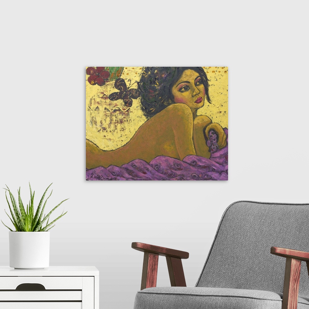 A modern room featuring Reclining amid purple silk, a beautiful woman's thoughts are far away. Her gaze seems wistful and...
