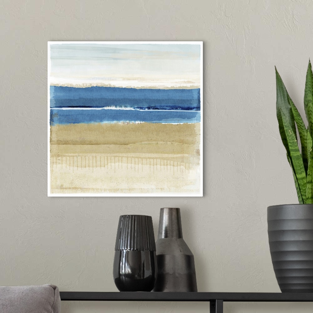 A modern room featuring Vibrant blue and brown modern abstract seascape painting.