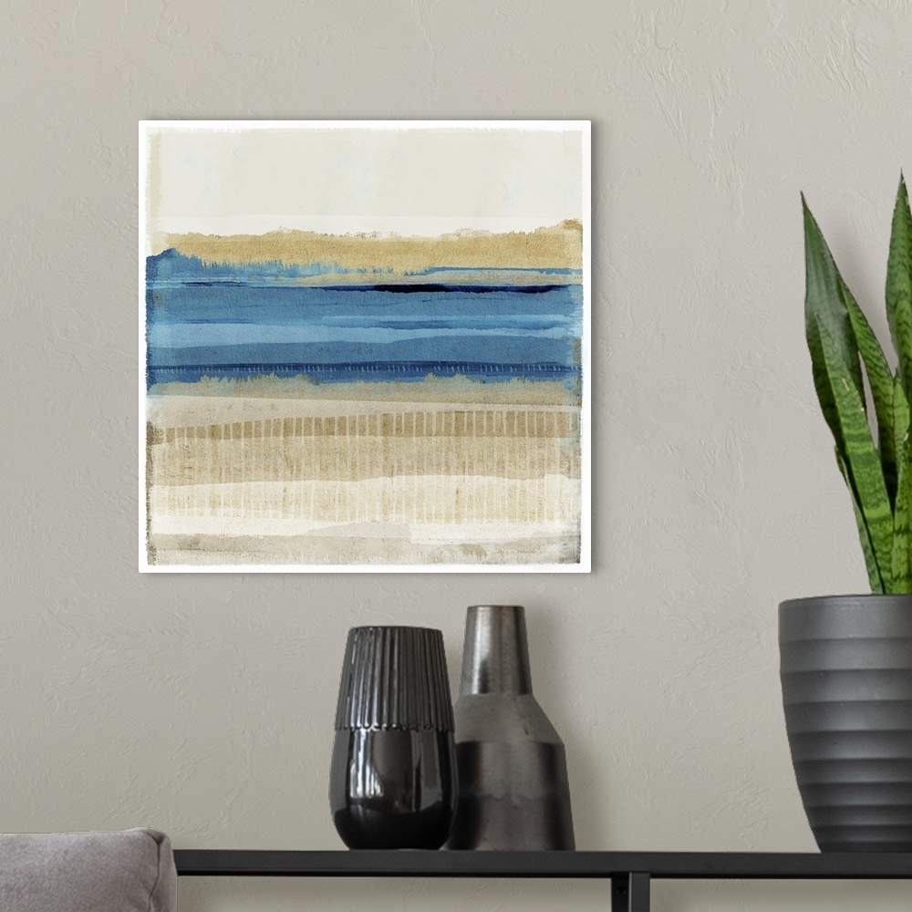 A modern room featuring Vibrant blue and brown modern abstract seascape painting.