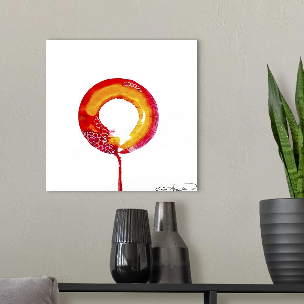 A modern room featuring Ripples of shadow emanate from a bright red and yellow orange enso or circle. One lone drip escap...