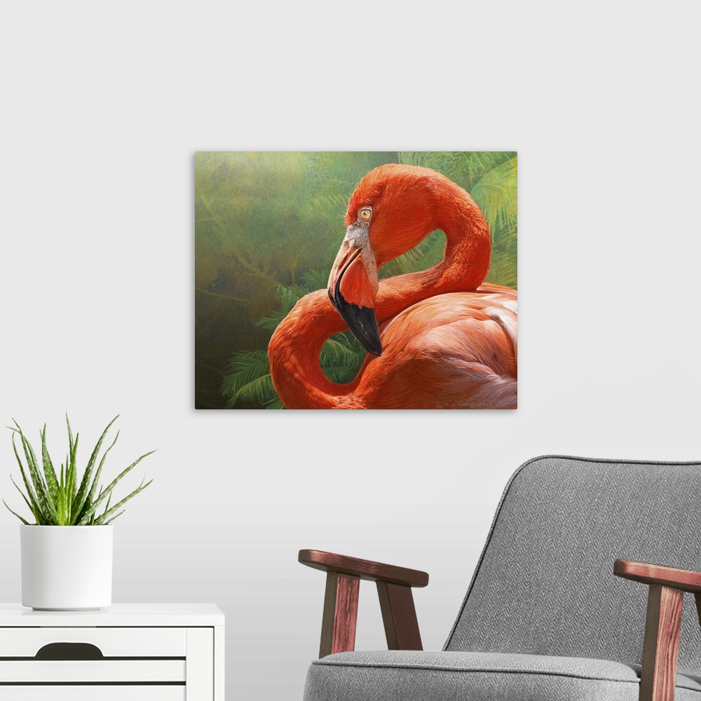A modern room featuring Contemporary artwork of a vibrant pink flamingo against a green leafy background.