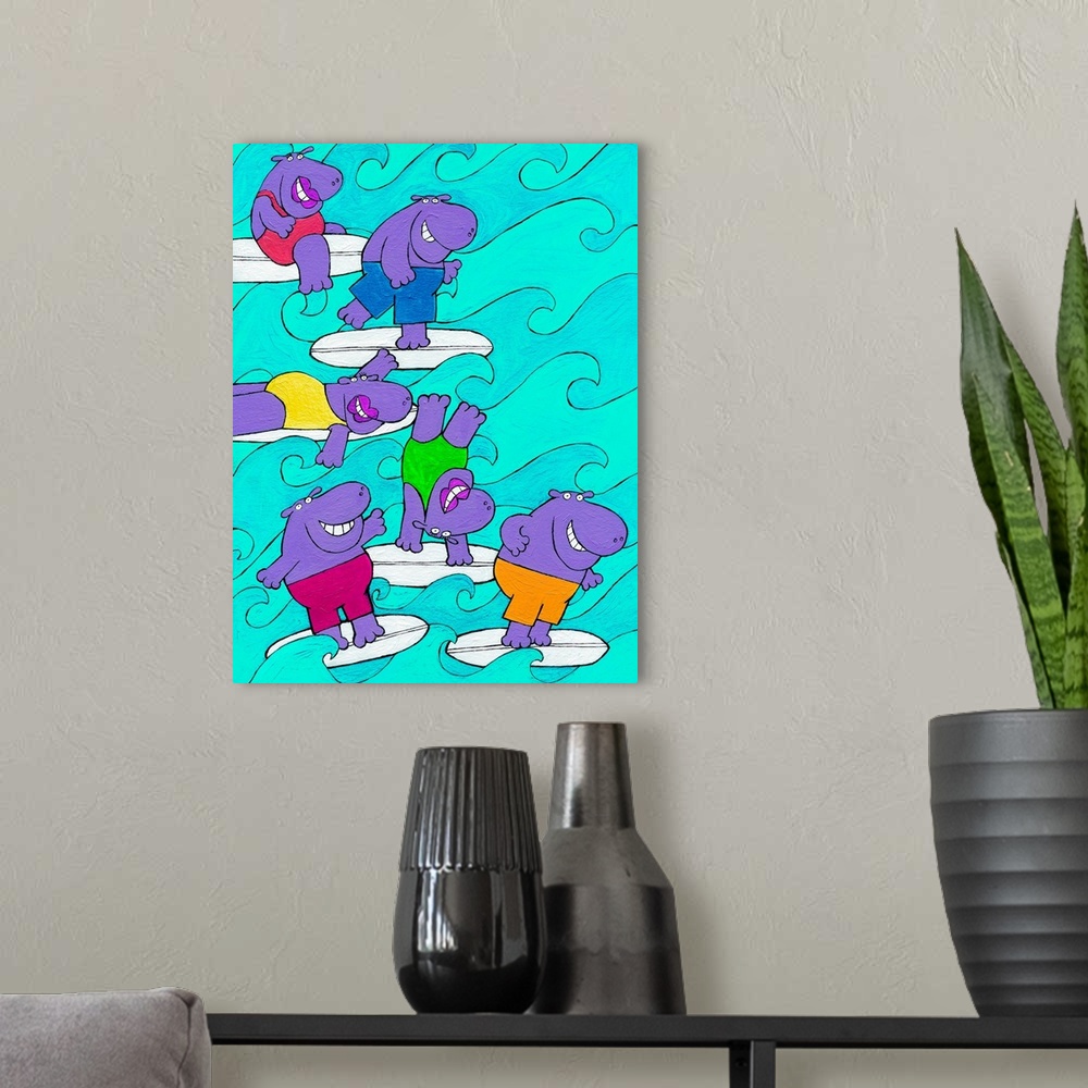 A modern room featuring Illustrated wall art of hippos surfing. Created by Irish artist Carla Daly.