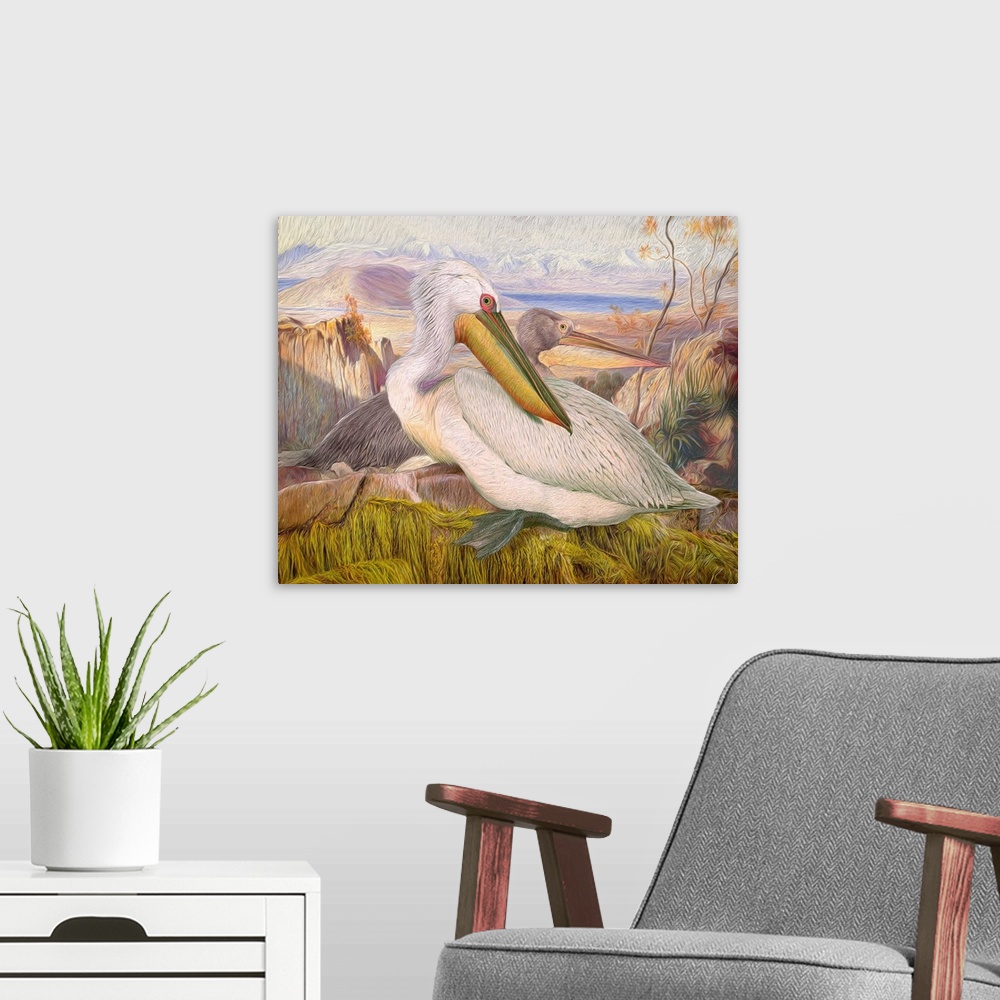 A modern room featuring A painterly textured rendition of two vintage white pelicans perched attop a mysterious seaweed c...