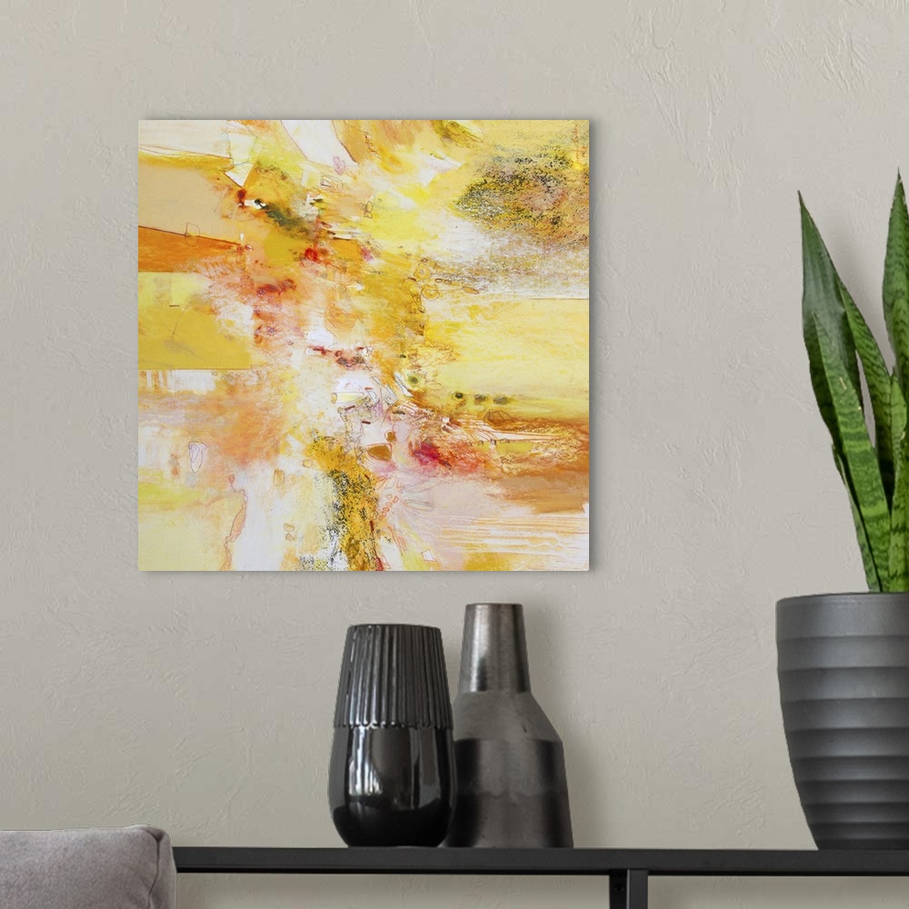 A modern room featuring Contemporary abstract art, originally in acrylic, ink, and watercolor, in bright shades of orange...