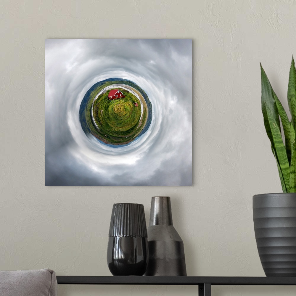 A modern room featuring A red farmhouse in a lush green field under stormclouds, with a stereographic projection effect o...