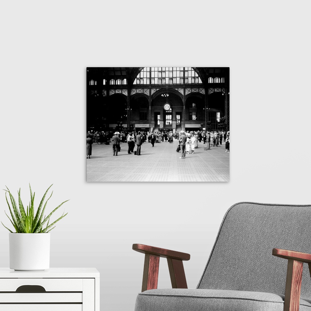 A modern room featuring 1930's Pennsylvania Penn Station New York City Railroad Station People Passengers Travelers Trans...