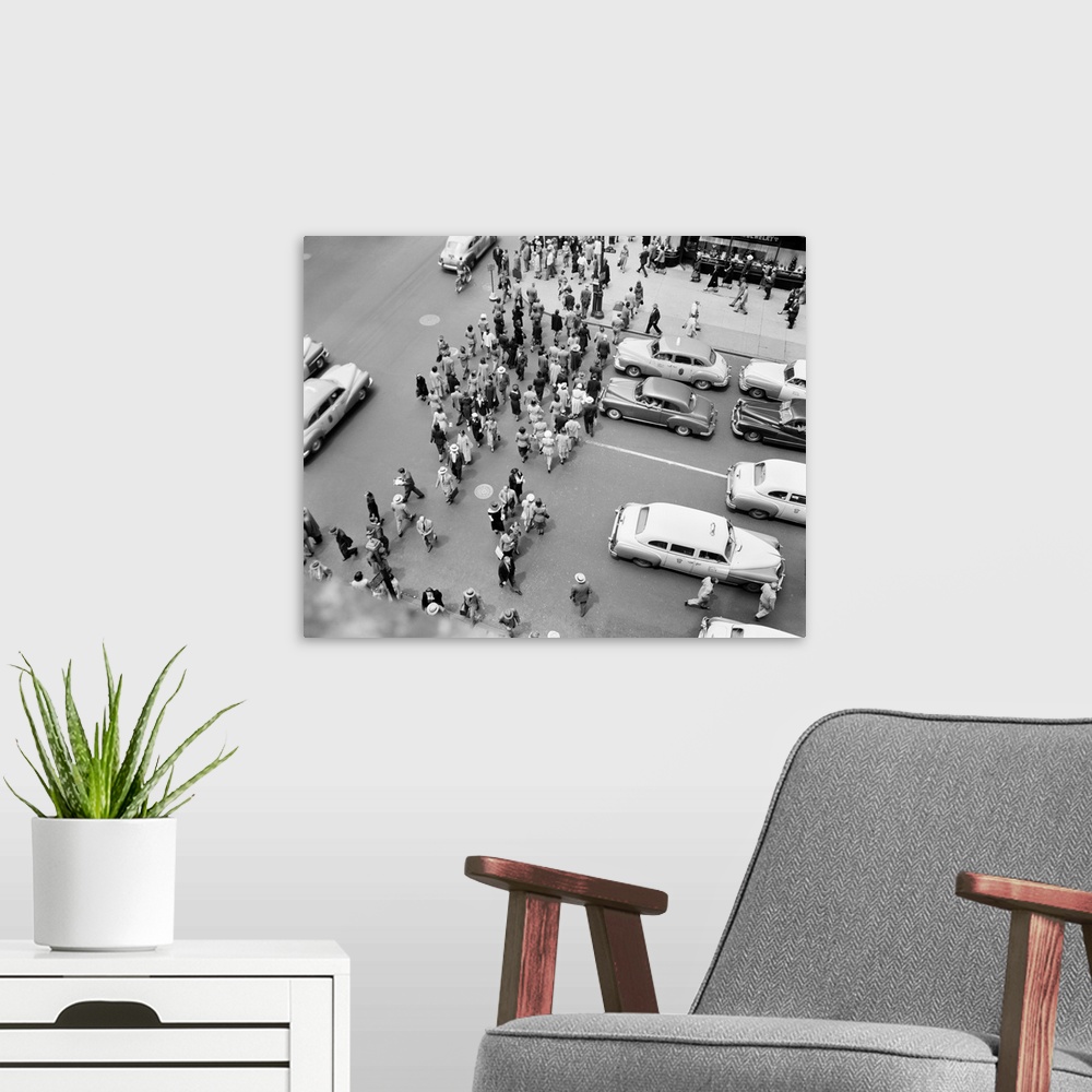 A modern room featuring 1950's New York City, NY 5th Avenue Overhead View Of Traffic And Pedestrians Crossing Street Rush...