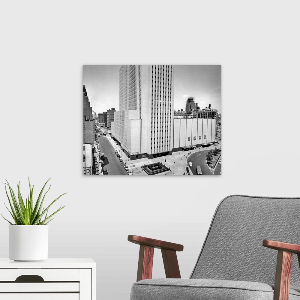 A modern room featuring 1950's New York Coliseum At Columbus Circle New York City USA.