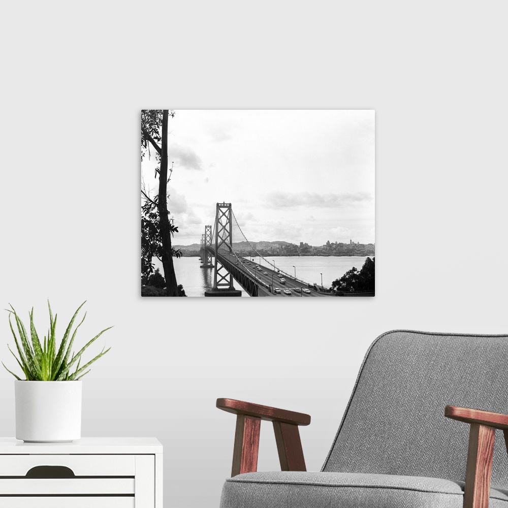 A modern room featuring 1950's Oakland Bay Bridge San Francisco California.