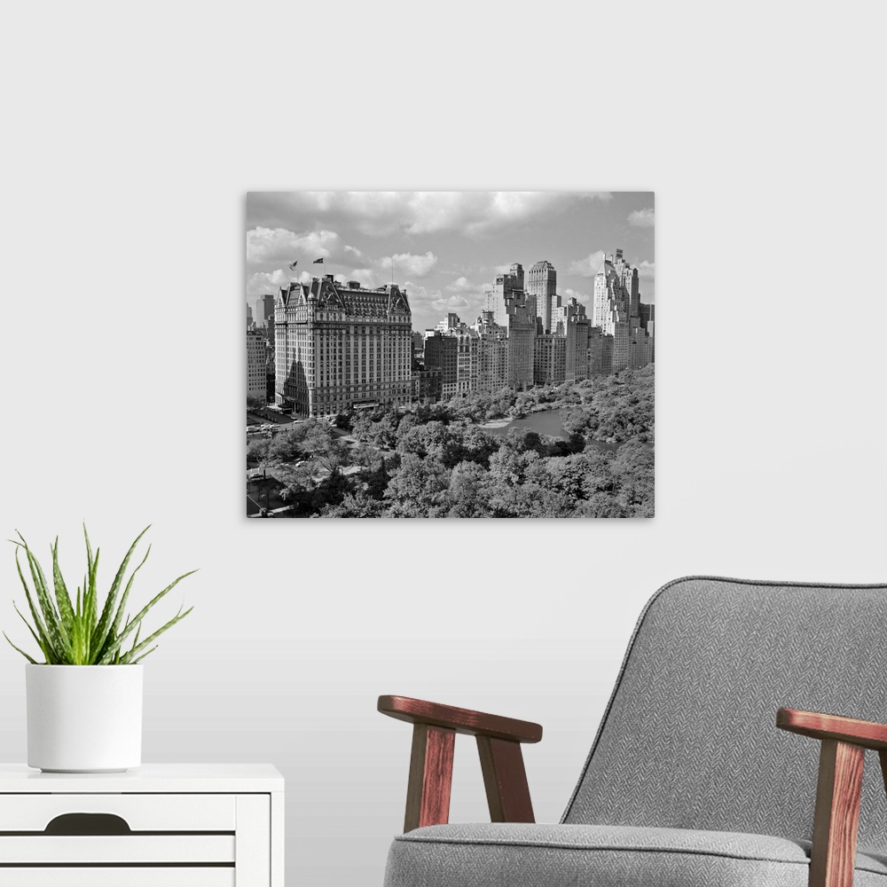 A modern room featuring 1950's Skyline Of New York City Manhattan 57th Street Along Central Park Plaza Hotel.