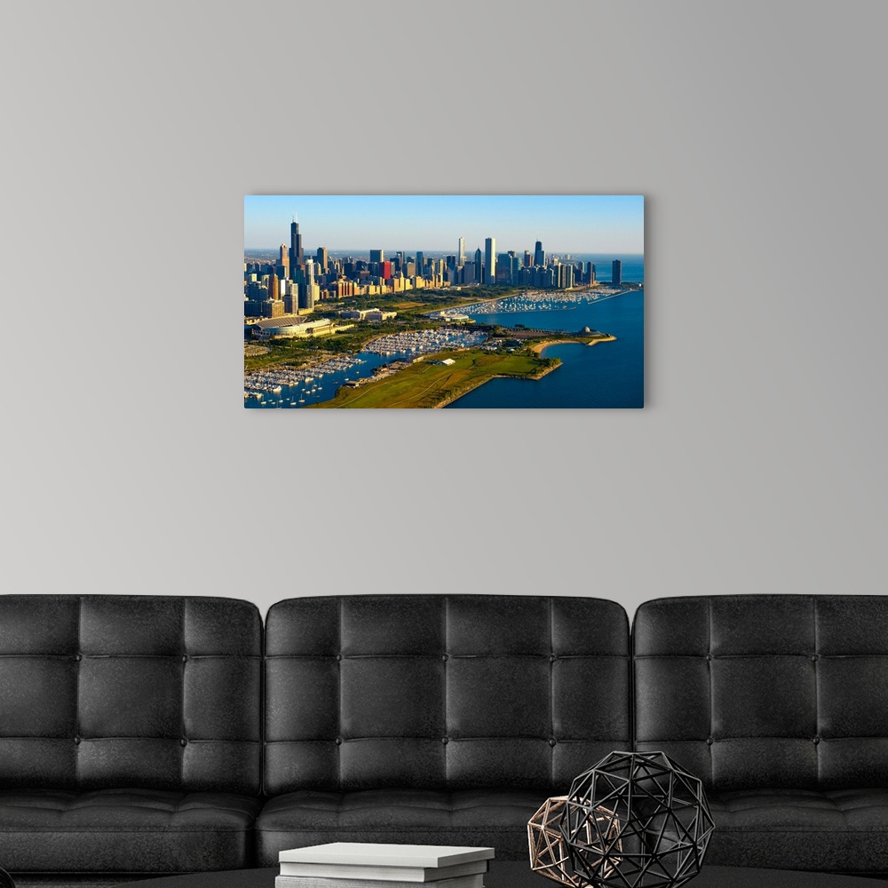 A modern room featuring Aerial view of Museum Campus and skyline, Chicago, Cook County, Illinois, USA